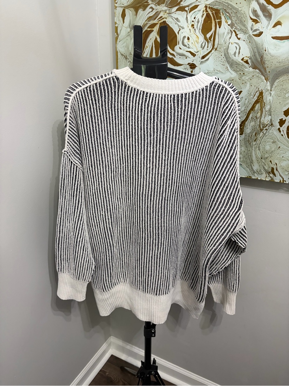 Natural Reflections Black & White Vertical-Stripe Crewneck Sweater